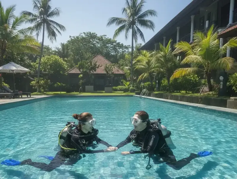 Deux plongeuses en formation dans une piscine avec palmiers