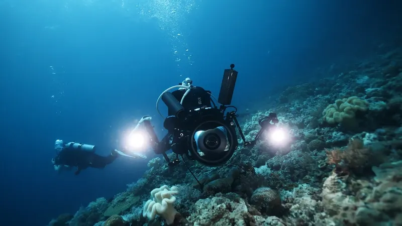 Deux plongeurs explorent un récif corallien éclairé sous la mer