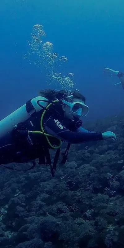 Plongeur en exploration sous-marine, équipé, nageant dans un environnement bleu