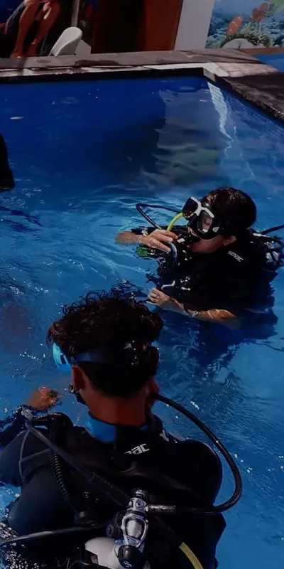 Deux plongeurs s'entraînent dans une piscine, équipement complet visible