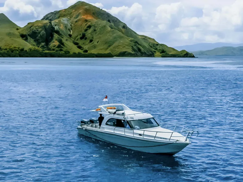Bateau de plongée navigue sur une mer bleue devant une île