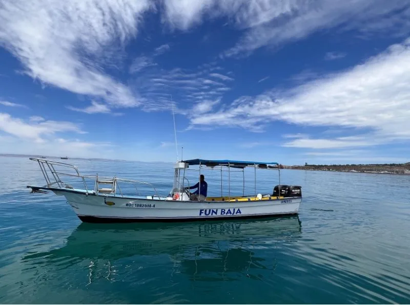 Bateau de plongée bleu et blanc sur une mer calme ensoleillée