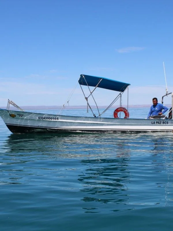 Bateau de pêche blanc sur l'eau bleue avec un homme à bord