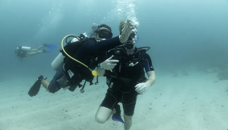Deux plongeurs s'amusent sous l'eau avec un fond sablonneux clair