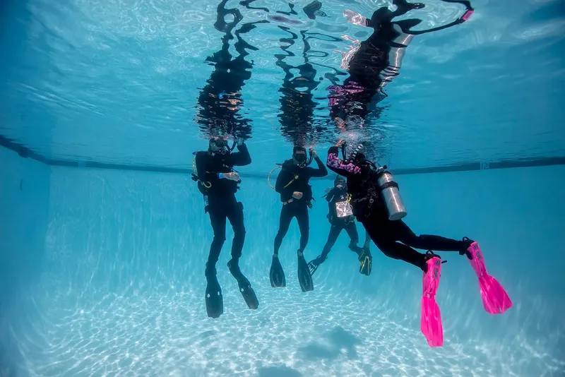 Plongeurs en formation sous-marine, équipés de combinaisons et de palmes roses