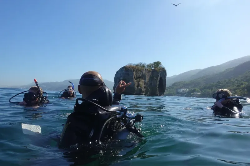 Plongeurs en surface discutent devant une île rocheuse ensoleillée