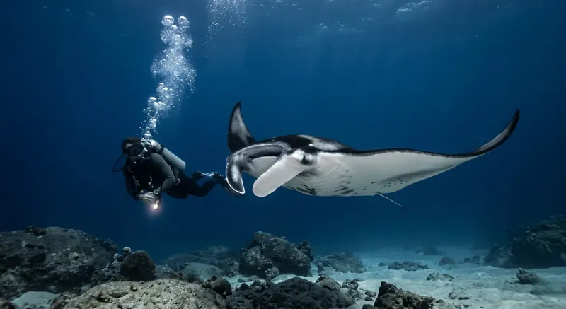 Raie manta majestueuse nageant avec un plongeur en eau profonde