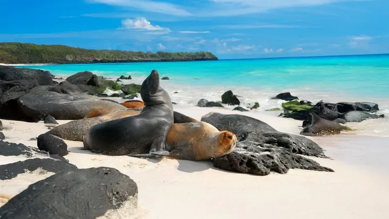Otaries se reposent sur des rochers noirs au bord d'une plage turquoise