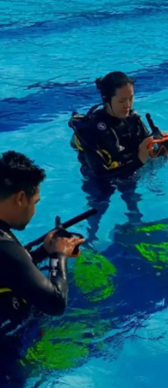 Deux plongeurs en combinaison se préparent dans une piscine bleue