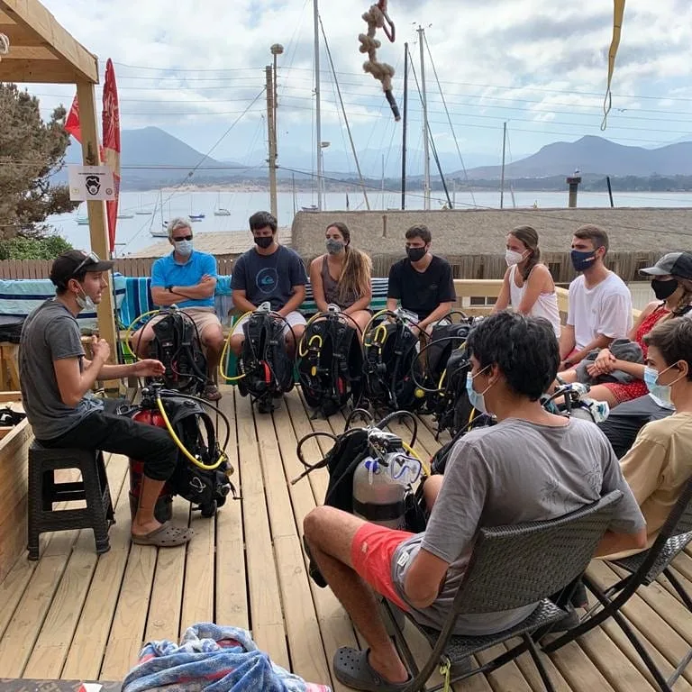 Groupe de personnes en formation plongée avec matériel autour d'eux