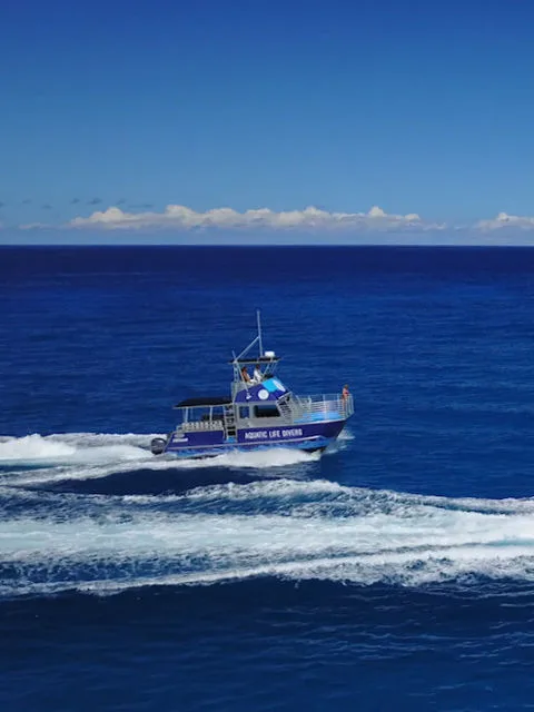 Bateau de plongée navigue sur une mer bleue sous un ciel clair
