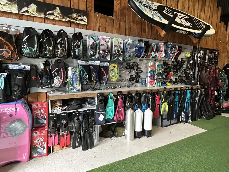 Equipement de plongée et de snorkeling exposé dans un magasin spécialisé
