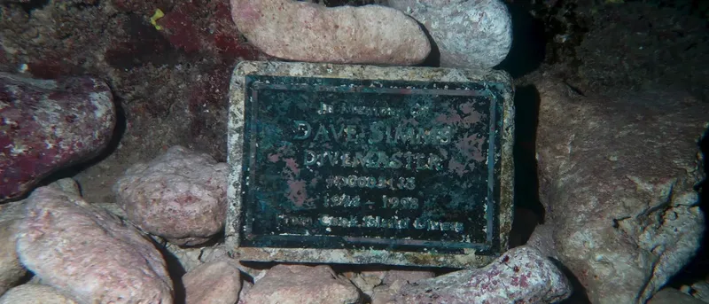 Plaque commémorative rouillée posée sur un récif corallien sous-marin