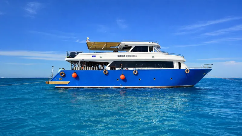 Grand bateau de plongée bleu en mer sous un ciel clair