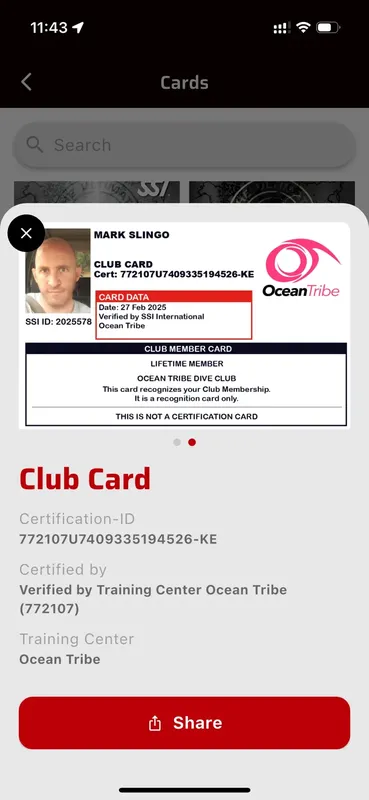 Carte de membre du club de plongée Ocean Tribe avec photo