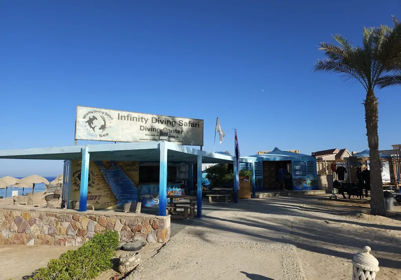 Façade d'un centre de plongée avec palmiers et ciel bleu clair