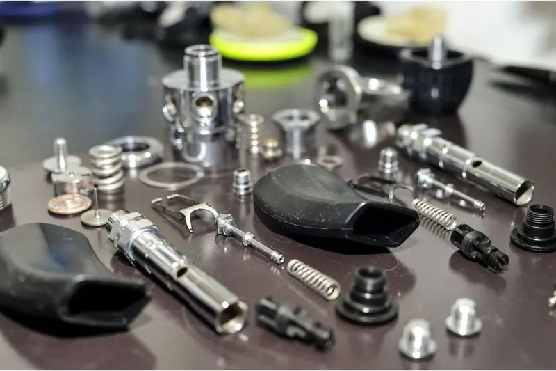 Pieces detachees d'equipement de plongee demontees sur une surface sombre