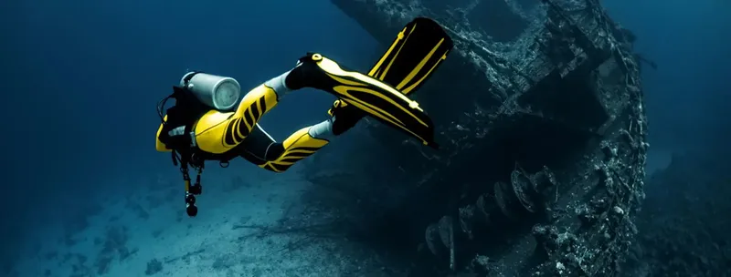 Plongeur explore une épave sous-marine dans l'eau bleue