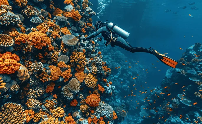 Plongeur explorant un récif corallien coloré avec de nombreux poissons