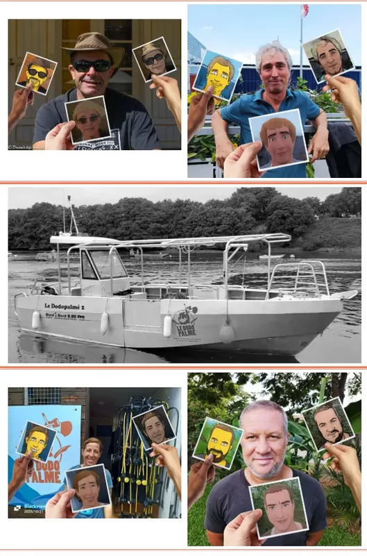 Collage de portraits avec des illustrations et un bateau de plongée