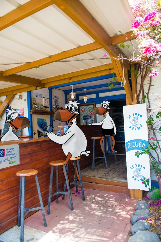 Devanture d'un centre de plongée avec des mascottes oiseaux au comptoir