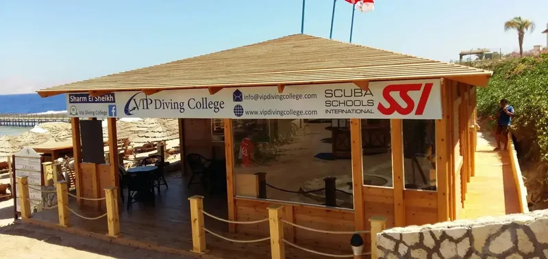 Petite structure en bois abritant un centre de plongée sur une plage