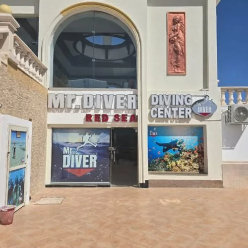 Façade d'un centre de plongée avec des affiches sous-marines colorées