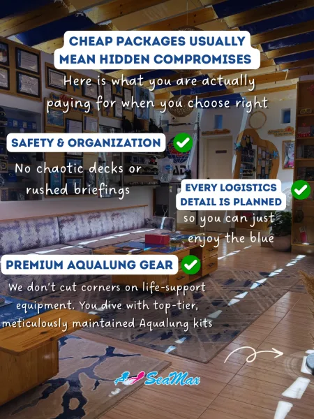 Intérieur d'un centre de plongée avec texte promotionnel et éléments décoratifs