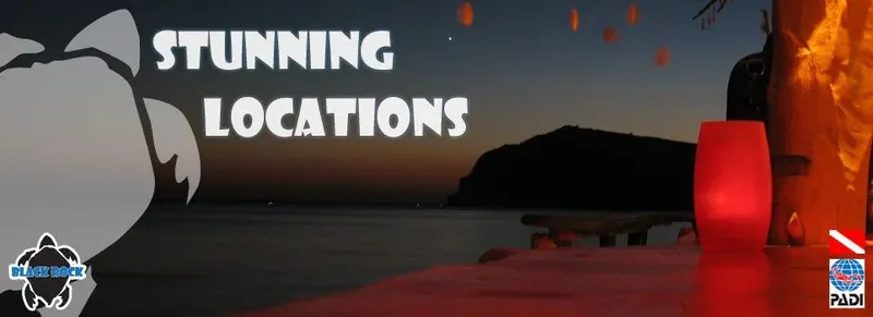Requin baleine stylisé, coucher de soleil, texte 'Stunning Locations', logo PADI
