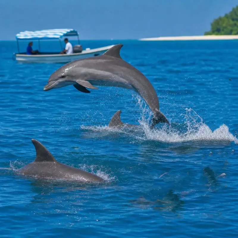 Dauphins sautant hors de l'eau turquoise avec un bateau en arrière-plan