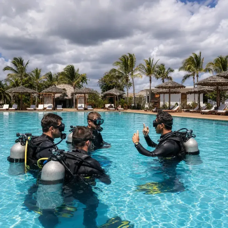 Plongeurs en formation dans une piscine, palmes et bouteilles visibles