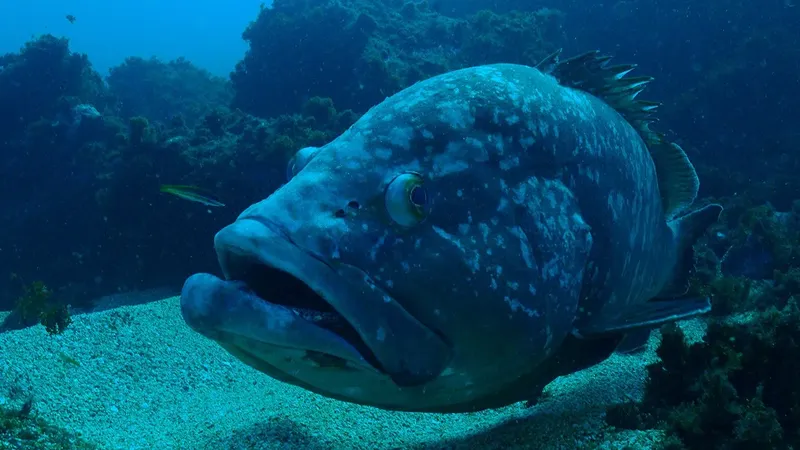 Gros mérou en plongée, regardant la caméra, fond sablonneux et rocheux