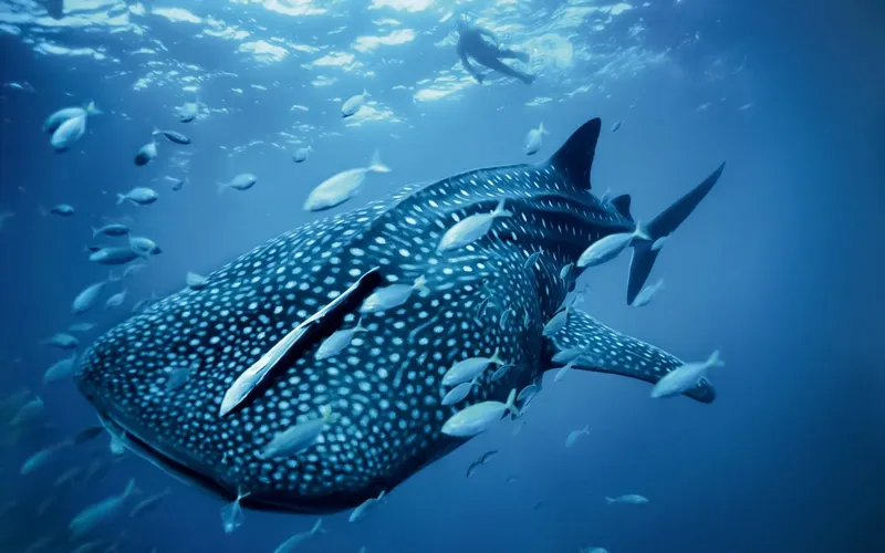 Requin baleine nageant avec des poissons dans l'eau bleue