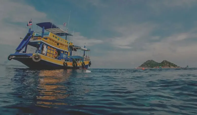Bateau de plongée jaune et bleu amarré en mer, île au loin