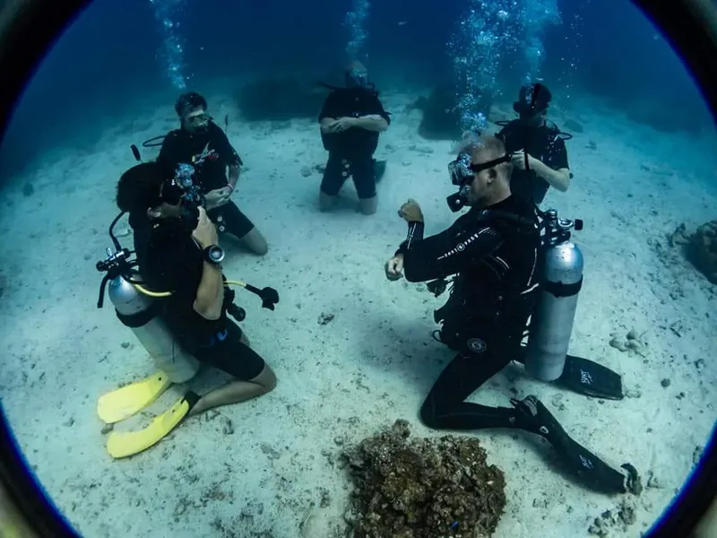 Groupe de plongeurs en formation sur le fond marin sablonneux