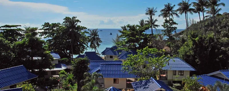 Vue aérienne d'un centre de plongée tropical avec bâtiments et végétation