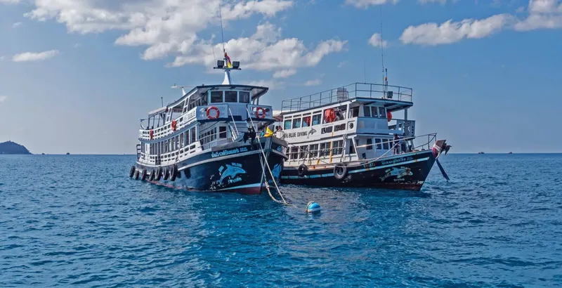 Deux bateaux de plongée amarrés sur une mer bleue sous un ciel nuageux