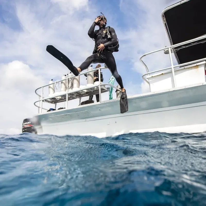 Plongeur s'apprête à sauter d'un bateau en pleine mer