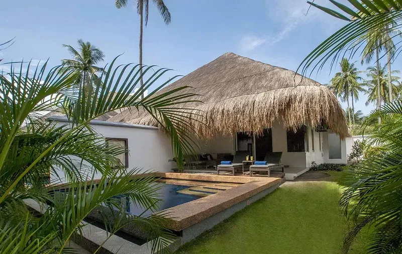 Bâtiment blanc avec toit de chaume, piscine et végétation tropicale