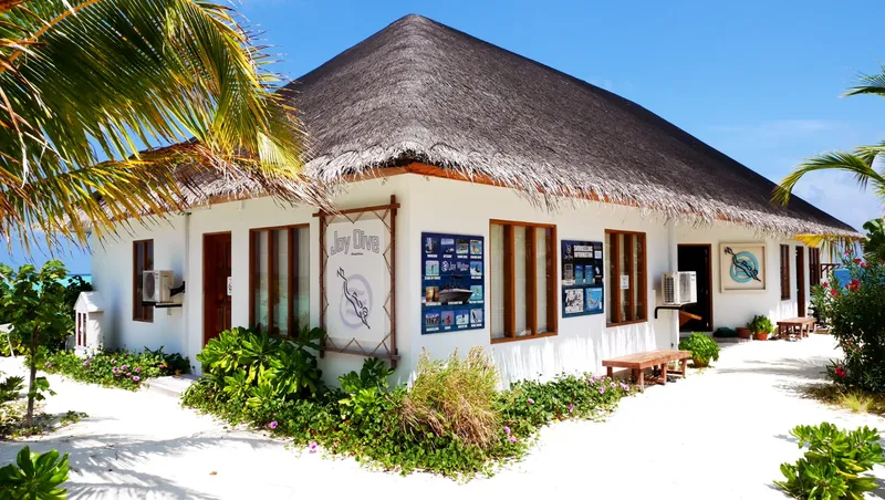 Bâtiment blanc avec toit de chaume, végétation tropicale et ciel bleu