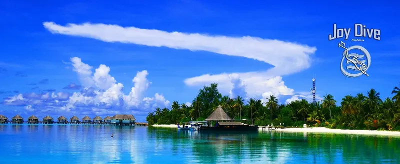Plage tropicale, lagon turquoise, bungalows sur pilotis et logo Joy Dive