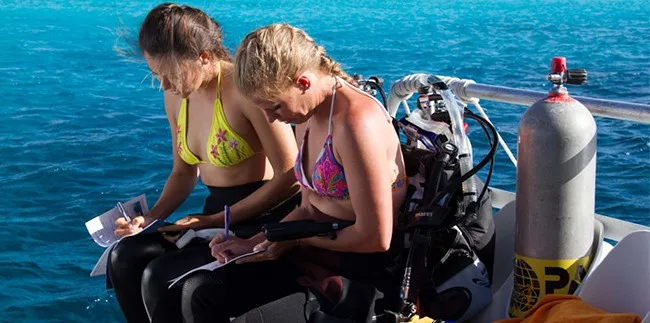 Deux plongeuses remplissent des formulaires sur un bateau en mer
