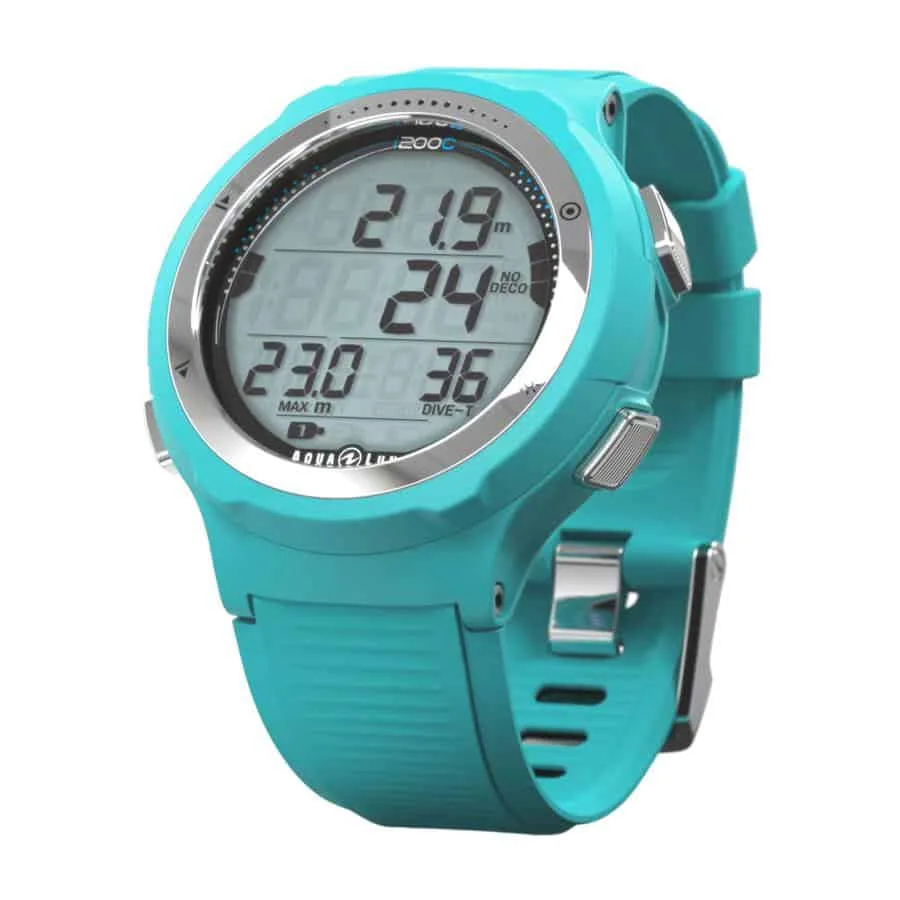 Montre de plongée turquoise avec écran digital affichant des informations