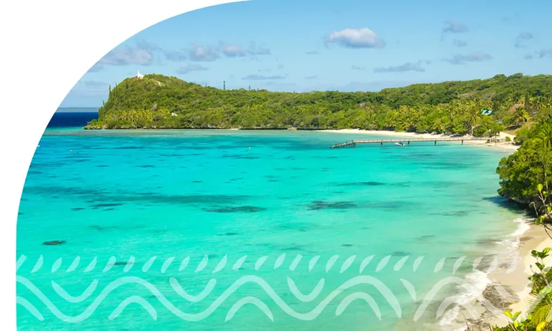 Vue aérienne d'une plage turquoise bordée de végétation luxuriante