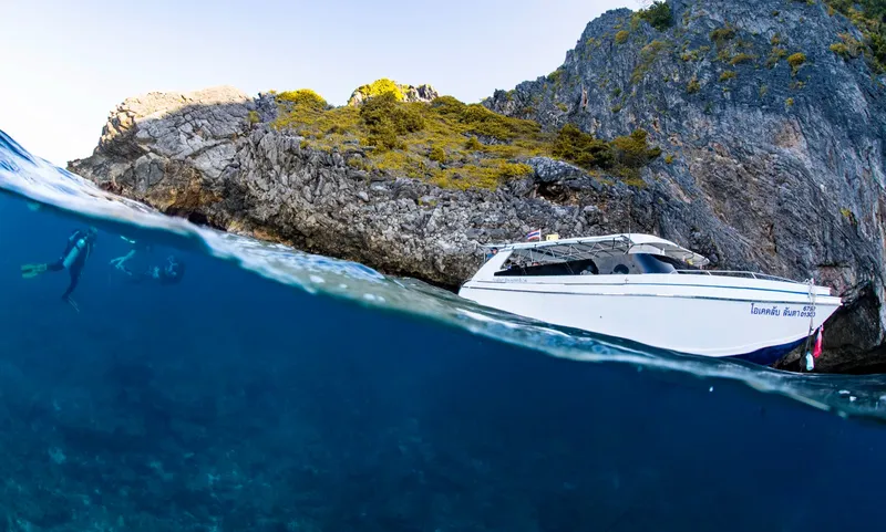 Plongeurs explorent les fonds marins près d'un bateau et d'une côte rocheuse
