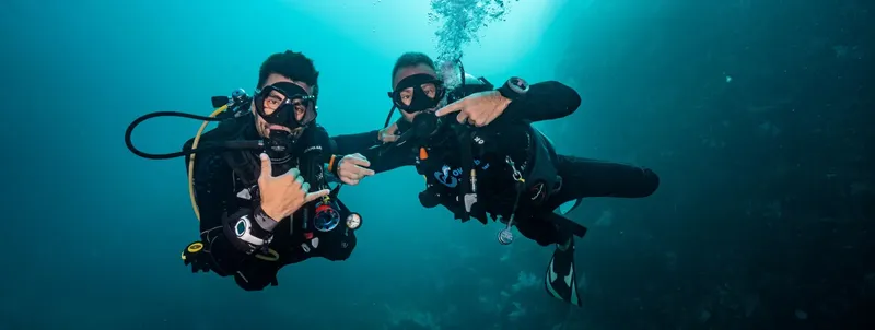 Deux plongeurs souriants communiquent avec leurs mains dans l'eau