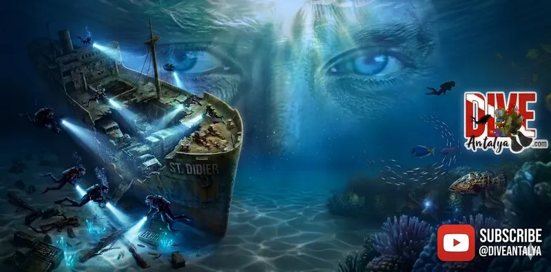 Plongeurs explorent une épave sous-marine avec un visage géant en arrière-plan