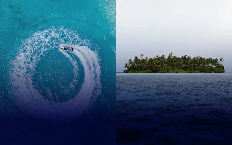 Bateau rapide naviguant en mer, île tropicale avec végétation luxuriante