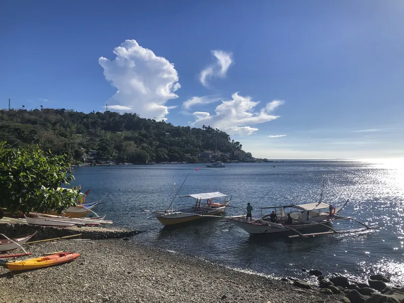 Plage avec plusieurs bateaux de pêche et quelques personnes à bord