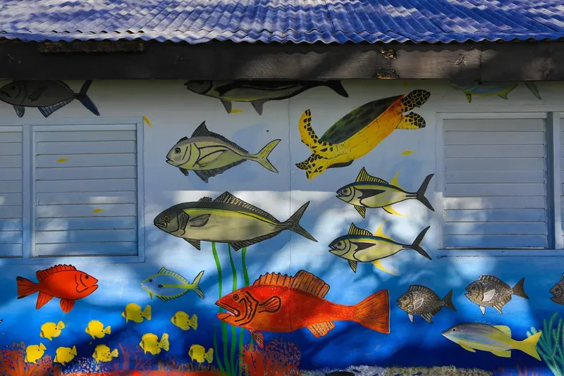 Mur peint avec des poissons tropicaux et une ambiance marine colorée